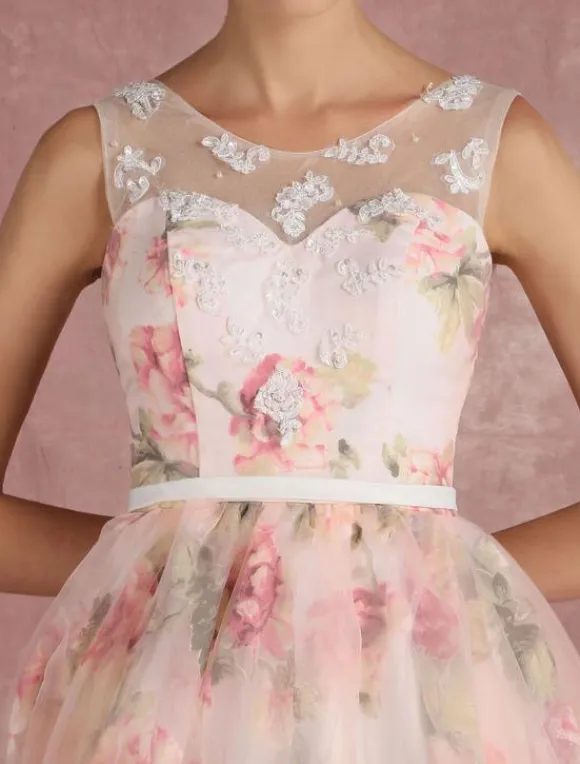 Pink Prom Dress 2026 Long Floral Print Organza Pageant Dress Backless Chapel Train Party Dress Free Customization