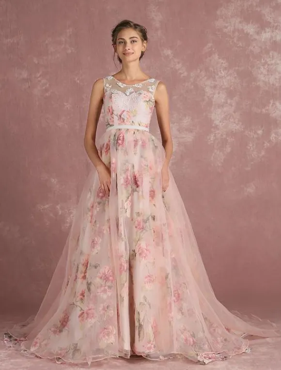 Pink Prom Dress 2026 Long Floral Print Organza Pageant Dress Backless Chapel Train Party Dress Free Customization