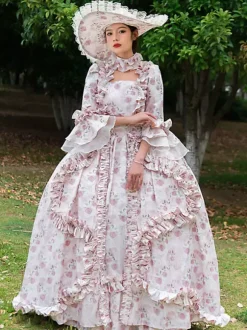 Pink Retro Tudor Dress Costumes Ruffles Polyester Floral Print Hat Marie Antoinette Costume Women's Vintage Tunic 18th Century Costume