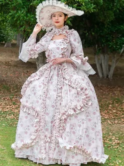 Pink Retro Tudor Dress Costumes Ruffles Polyester Floral Print Hat Marie Antoinette Costume Women's Vintage Tunic 18th Century Costume