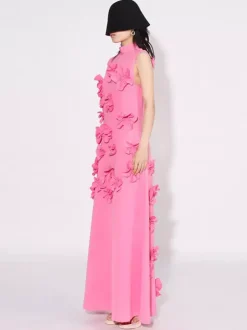 Pink Sleeveless Maxi Dress With 3D Floral Embellishments