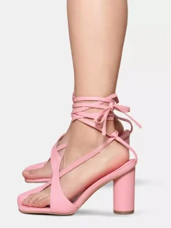 Pink Split Toe Sandals Block Heel Strappy Sandals