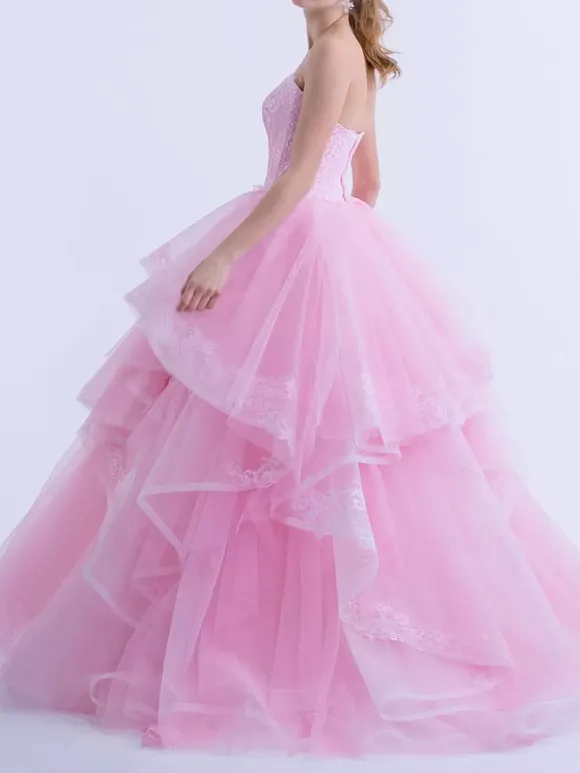 Pink Wedding Dresses A-Line Strapless Sleeveless Backless Lace With Train Bridal Gown Free Customization