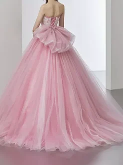 Pink Wedding Dresses A-Line Strapless Sleeveless Backless Lace Up Lace With Train Bridal Gown Free Customization