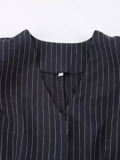 Pinstripe Blazer Dress Set Women's Skirt Suit - Navy Blue Chic Scarf Neck Slim Fit - 2026 Spring Business Party