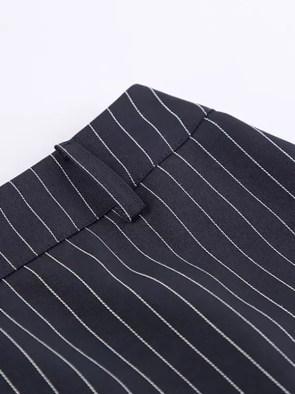 Pinstripe Blazer Dress Set Women's Skirt Suit - Navy Blue Chic Scarf Neck Slim Fit - 2026 Spring Business Party