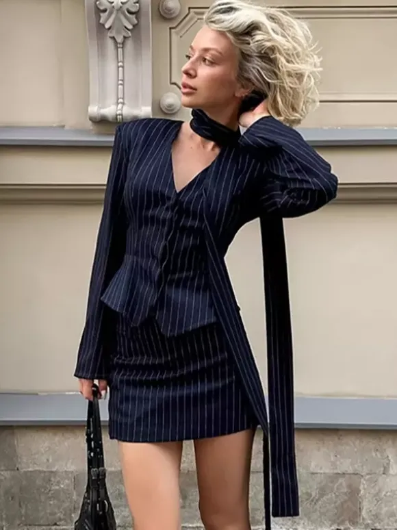 Pinstripe Blazer Dress Set Women's Skirt Suit - Navy Blue Chic Scarf Neck Slim Fit - 2026 Spring Business Party