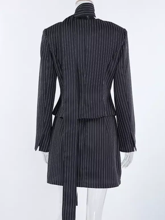 Pinstripe Blazer Dress Set Women's Skirt Suit - Navy Blue Chic Scarf Neck Slim Fit - 2026 Spring Business Party