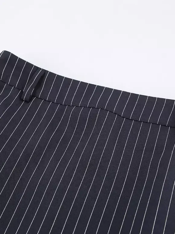 Pinstripe Blazer Dress Set Women's Skirt Suit - Navy Blue Chic Scarf Neck Slim Fit - 2026 Spring Business Party