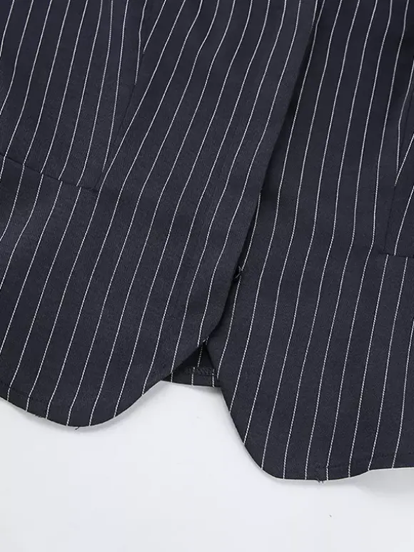 Pinstripe Blazer Dress Set Women's Skirt Suit - Navy Blue Chic Scarf Neck Slim Fit - 2026 Spring Business Party