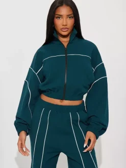 Piping Trim Zip Up Crop Tracksuit With Wide Leg For Women 2026