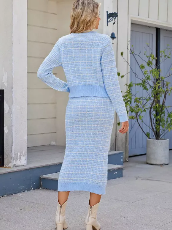 Plaid Cardigan And Pencil Midi Skirt Knit Co-ord Set For Women 2026