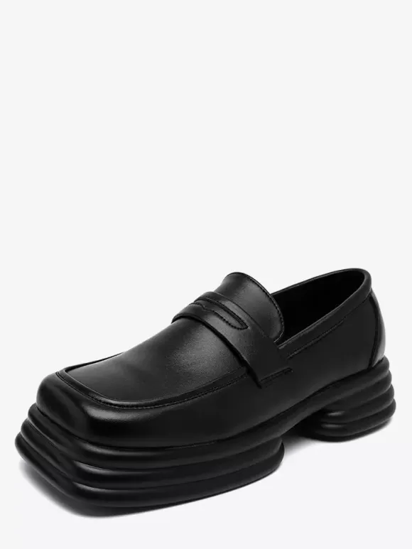 Platform Penny Loafers For Men Slip On Chunky Heel Square Toe Penny Shoes