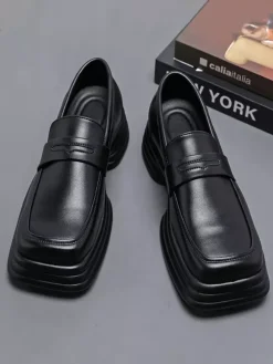 Platform Penny Loafers For Men Slip On Chunky Heel Square Toe Penny Shoes