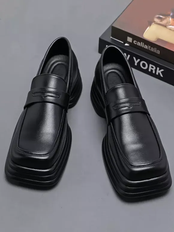 Platform Penny Loafers For Men Slip On Chunky Heel Square Toe Penny Shoes