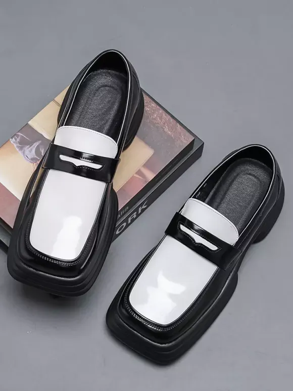 Platform Penny Loafers For Men Slip On Chunky Heel Square Toe Penny Shoes