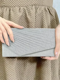 Pleated Glitter Fabric Evening Clutch Bag Solid Color Formal Wedding Party Hand Purse