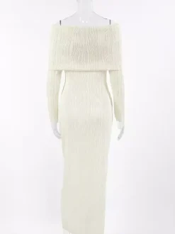 Pleated Off Shoulder Women's Maxi Dress - Elegant Cream Textured Bodycon Gown - Long Sleeve Party Wear 2026