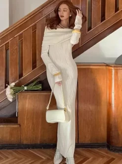 Pleated Off Shoulder Women's Maxi Dress - Elegant Cream Textured Bodycon Gown - Long Sleeve Party Wear 2026