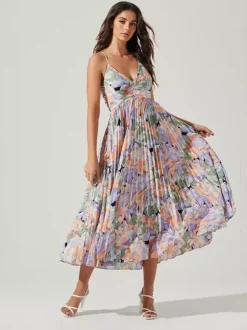 Pleated Floral Midi Sundress for Women - Boho V Neck Spaghetti Strap Fit and Flare A-line Dress - Summer Beach Resort 2026