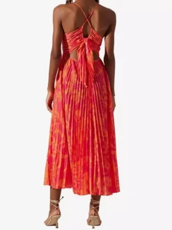 Pleated Floral Midi Sundress for Women - Boho V Neck Spaghetti Strap Fit and Flare A-line Dress - Summer Beach Resort 2026