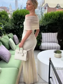 Pleated Maxi Dresses Off-Shoulder Sheer Semi-formal Party Long Dress For Women 2026
