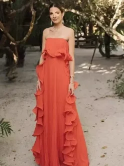 Pleated Strapless Women's Maxi Tube Dress - Ruffle Side Flowy Long Gown - Summer Beach Wedding Guest 2026