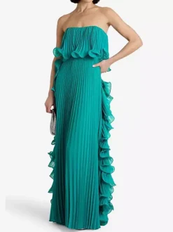 Pleated Strapless Women's Maxi Tube Dress - Ruffle Side Flowy Long Gown - Summer Beach Wedding Guest 2026