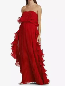 Pleated Strapless Women's Maxi Tube Dress - Ruffle Side Flowy Long Gown - Summer Beach Wedding Guest 2026