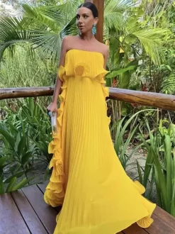 Pleated Strapless Women's Maxi Tube Dress - Ruffle Side Flowy Long Gown - Summer Beach Wedding Guest 2026