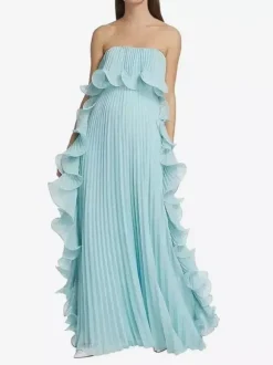 Pleated Strapless Women's Maxi Tube Dress - Ruffle Side Flowy Long Gown - Summer Beach Wedding Guest 2026