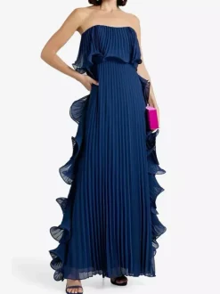 Pleated Strapless Women's Maxi Tube Dress - Ruffle Side Flowy Long Gown - Summer Beach Wedding Guest 2026