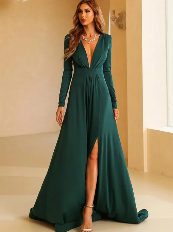 Plunge Maxi Dress Long Sleeves Side Slits Pleated Prom Dresses