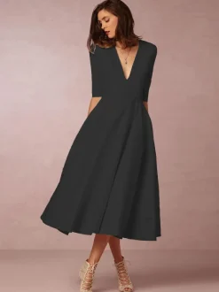 Plunge Midi Dress Half Sleeves Pockets A-Line Prom Dresses In Burgundy