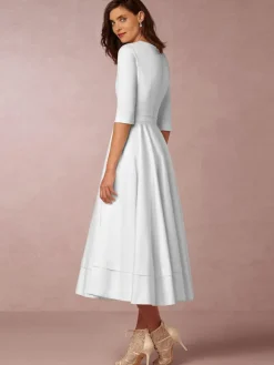 Plunge Midi Dress Half Sleeves Pockets A-Line Prom Dresses In Burgundy