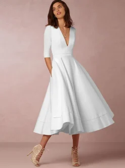 Plunge Midi Dress Half Sleeves Pockets A-Line Prom Dresses In Burgundy