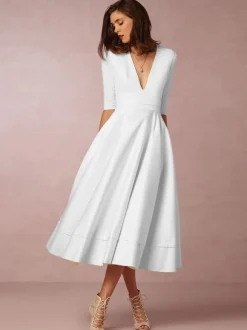 Plunge Midi Dress Half Sleeves Pockets A-Line Prom Dresses In Burgundy