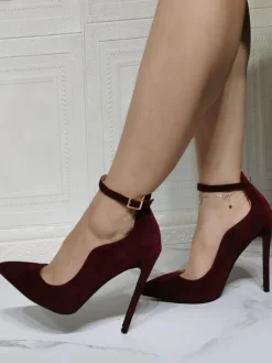 Plus Size Ankle Strap Prom Heel Pumps in Burgundy Suede