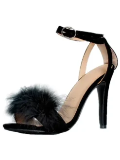 Plus Size Black Furry Ankle Strap High Heel Sandals