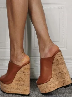 Plus Size Black Peep Toe PU Leather Wedge Mules