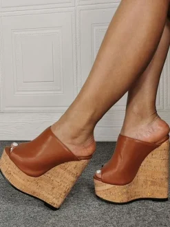 Plus Size Black Peep Toe PU Leather Wedge Mules