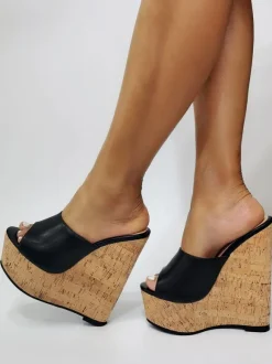 Plus Size Black Platform Peep Toe Wedge Sandals