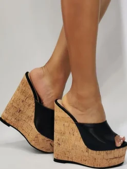 Plus Size Black Platform Peep Toe Wedge Sandals