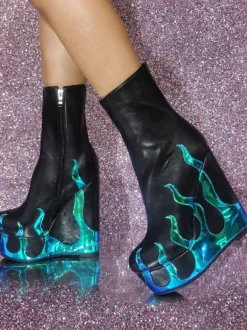 Plus Size Flame Wedge Booties Platform Round Toe Drag Queen Ankle Boots