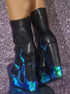 Plus Size Flame Wedge Booties Platform Round Toe Drag Queen Ankle Boots