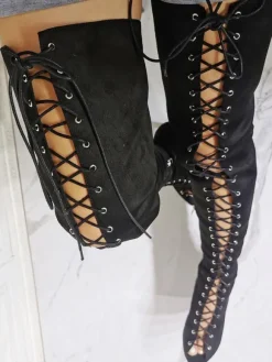Plus Size Lace Up Thigh High Heel Boots in Black Suede