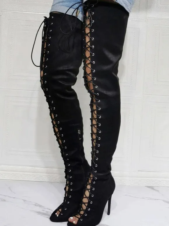 Plus Size Lace Up Thigh High Heel Boots in Black Suede