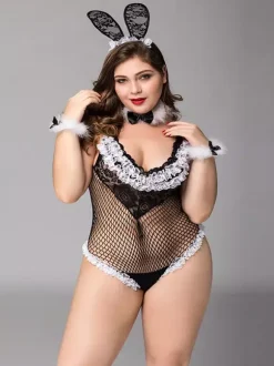 Plus Size Lingerie Bunny Girl Costumes Rave Club Fishnet Mesh Women's Bodysuit