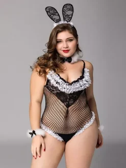 Plus Size Lingerie Bunny Girl Costumes Rave Club Fishnet Mesh Women's Bodysuit
