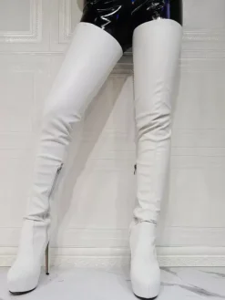 Plus Size Platform Stiletto Heel Thigh High Heel Boots in Red Patent Bright Leather